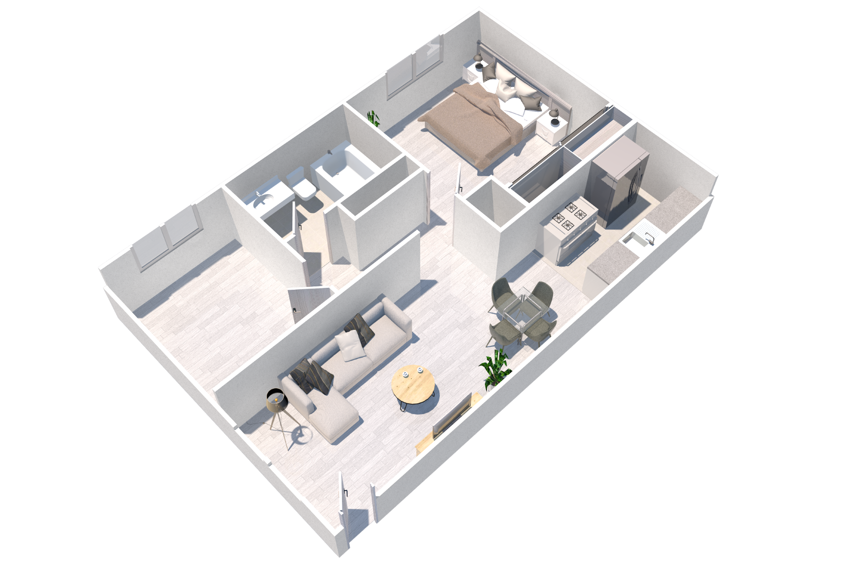 Floor plan for 1 bed, 1 bath, 630 sqft